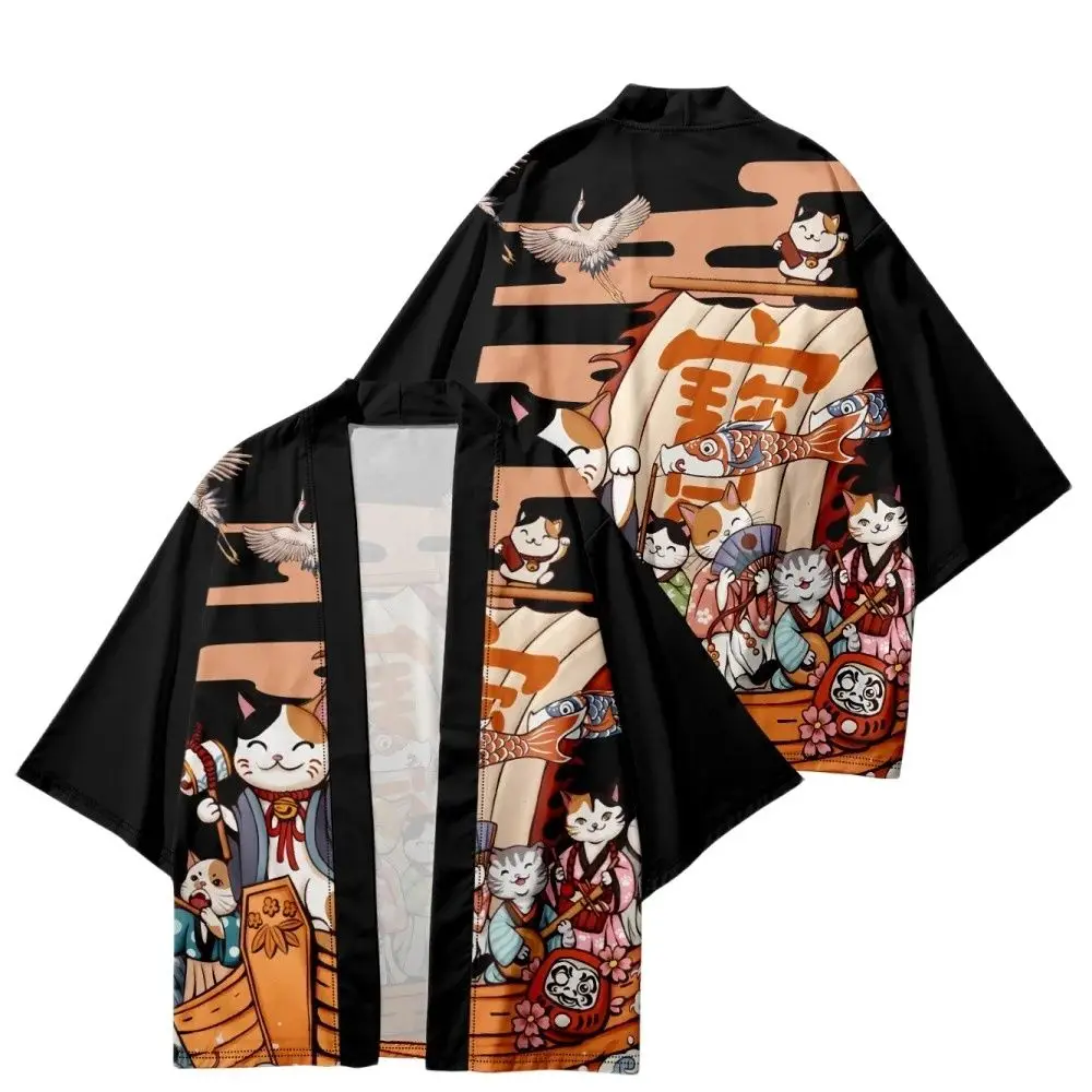 Black Japanese Anime Print Kimono Shirts Traditional Streetwear Cardigan Robe Women Men Haori Top Yukata