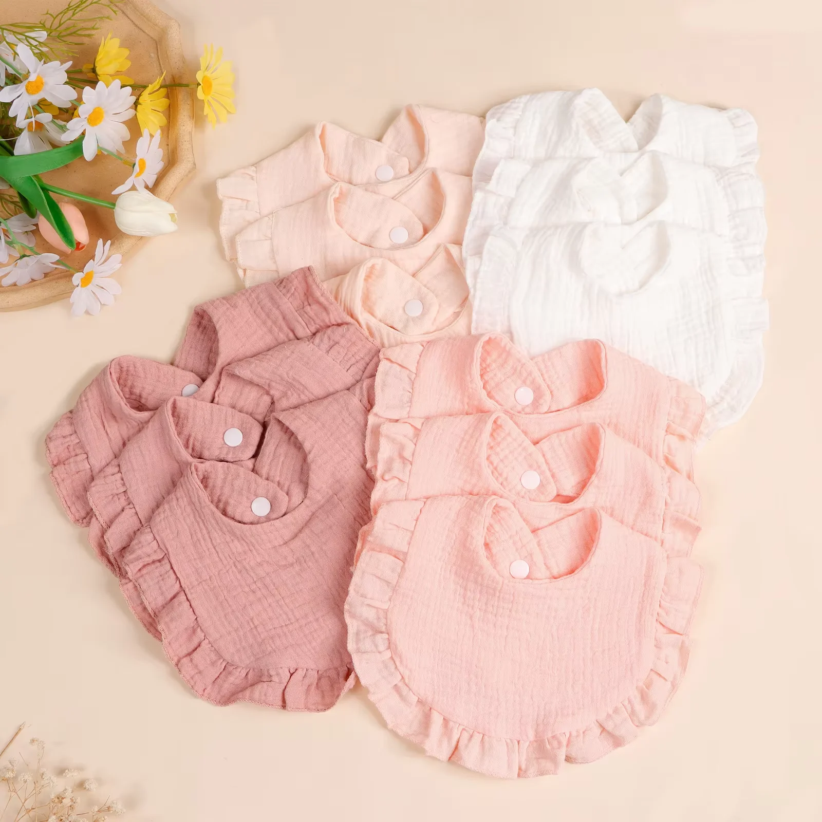 3pcs Solid Newborn Cotton Ruffle Bibs Set Kids Feed Drool Bibs Toddler Cute Salive Towel Hot Sale Baby Burp Cloth Accessories