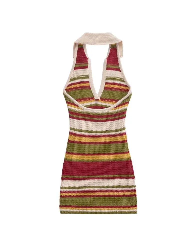 TRZA-Women's Striped Crochet Knit Mini Dress, Backless, Halter Neck, Female Dresses, Sexy Fashion image 2