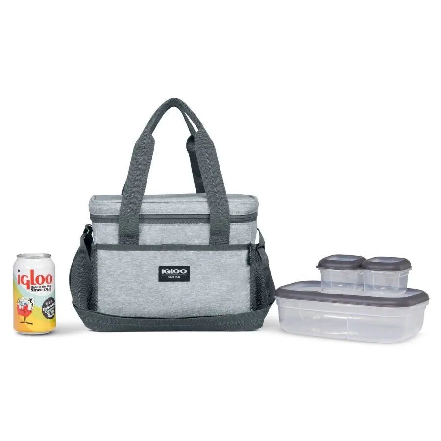 12 Inch Gray Insulated Adult Lunch Tote with Pack Ins, Thermal Lunch Bag Set with 3 Food Containers, Portable Reusable Lunch Kit for Work & Travel