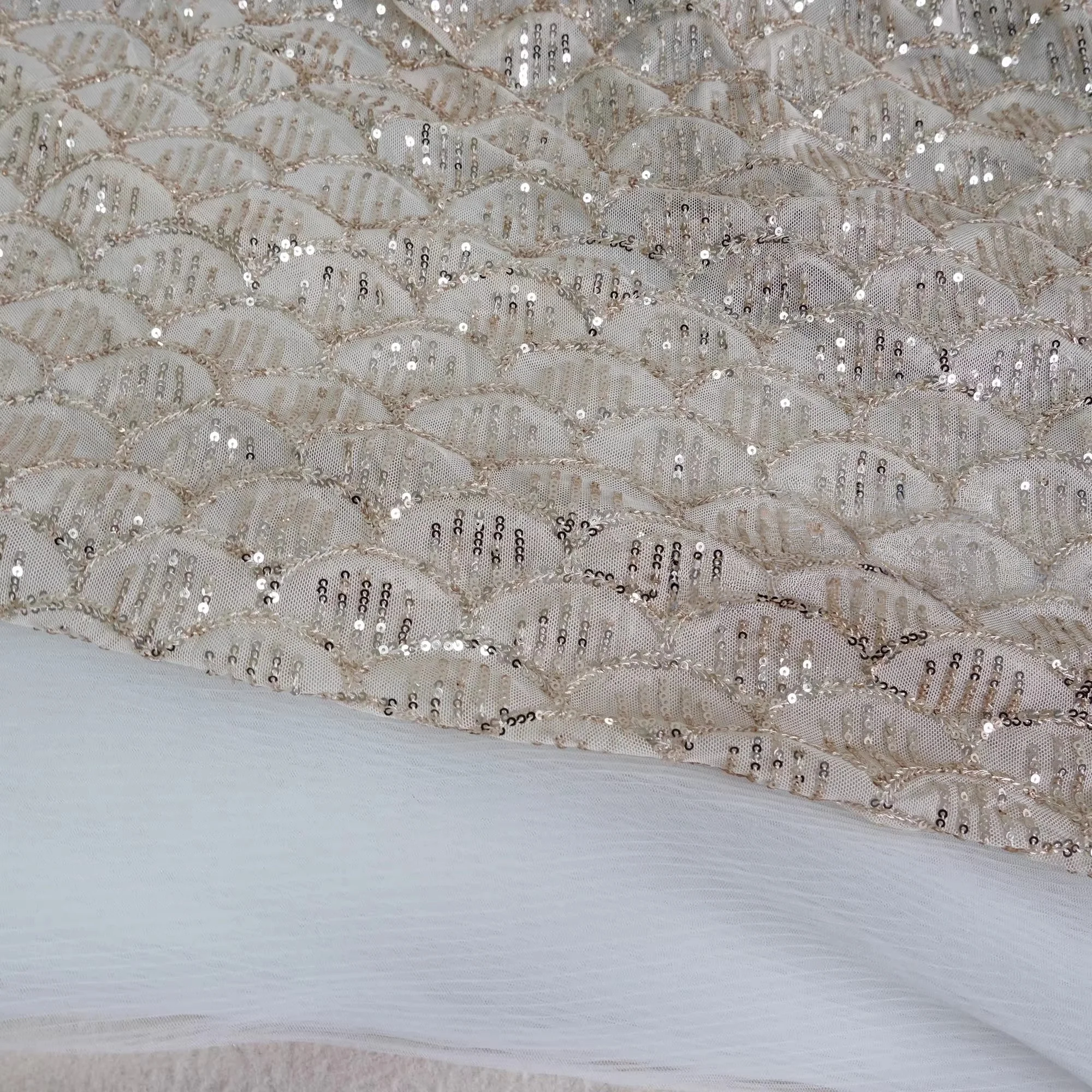 Champagne color 3mm fish scale glitter elastic fabric sewn wedding dress, children's clothing cheongsam designer fabric
