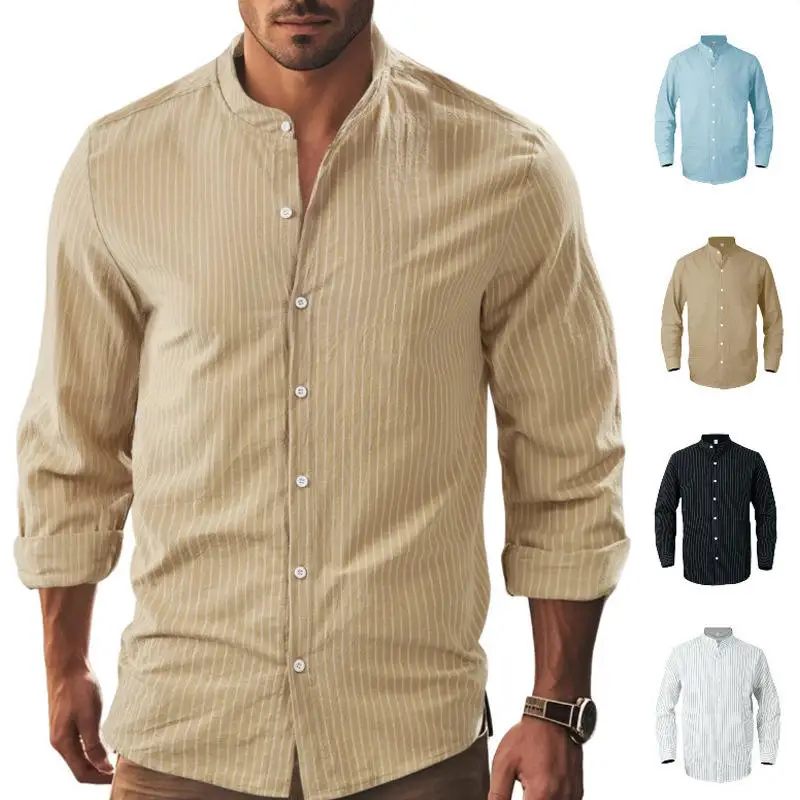 

New Men's Stripe Long Sleeve Shirt Spring Autumn Casual Business Linen Shirt Comfortable Fit Classic Style PU Leather Material