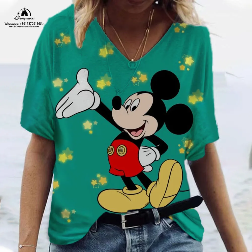 

2024 Disney Minnie Cartoon Summer V Neck Women's 3d Mickey Aesthetic Casual Oversized Top Fashion Harajuku T-Shirt