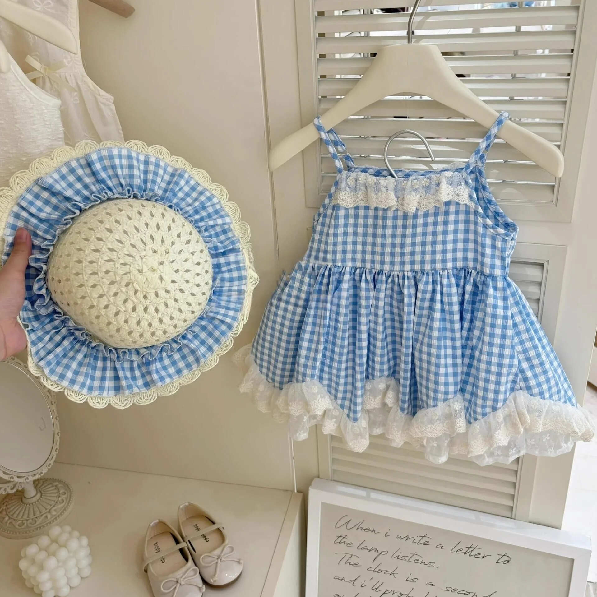 

Girls Blue Gingham Dress &Hat - Lace Trim Sleeveless Sundress with Wide Brim Straw Hat Matching Floral Cottagecore Summer Outfit