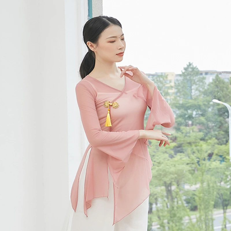 Classical Dance Top Gauze Mesh Shirt Blouse Long Split Flared Sleeve Chinese Traditional Hanfu Training Top Performance Custome