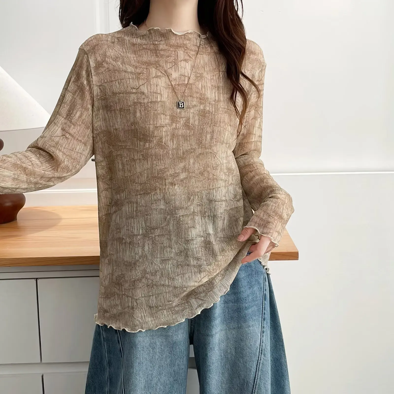 

XXXXL, модная женская футболка больших размеров, осень 2021, новый корейский стиль, кружевной яркий шелковый топ с длинными рукавами, окрашенный в галстук, 637