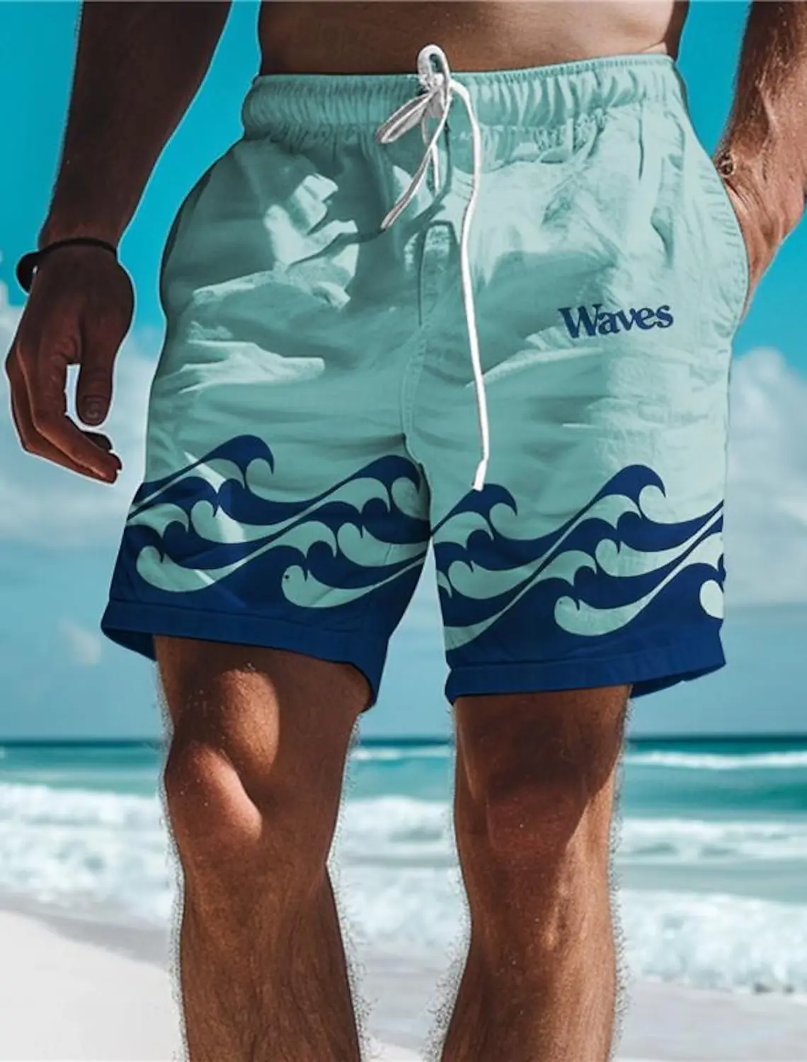 Waves Men\'s 3D Printed Board Shorts Swim Trunks Elastic Waist Drawstring Summer New Hawaiian Beach Style Letter Design