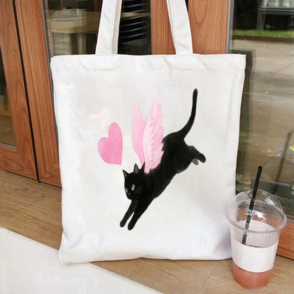 Watercolor Black Cat with Pink Wings Print Canvas Tote Bag Handbag for Cat Lovers Casual Weekend Activities Tote Bags for Women view 2