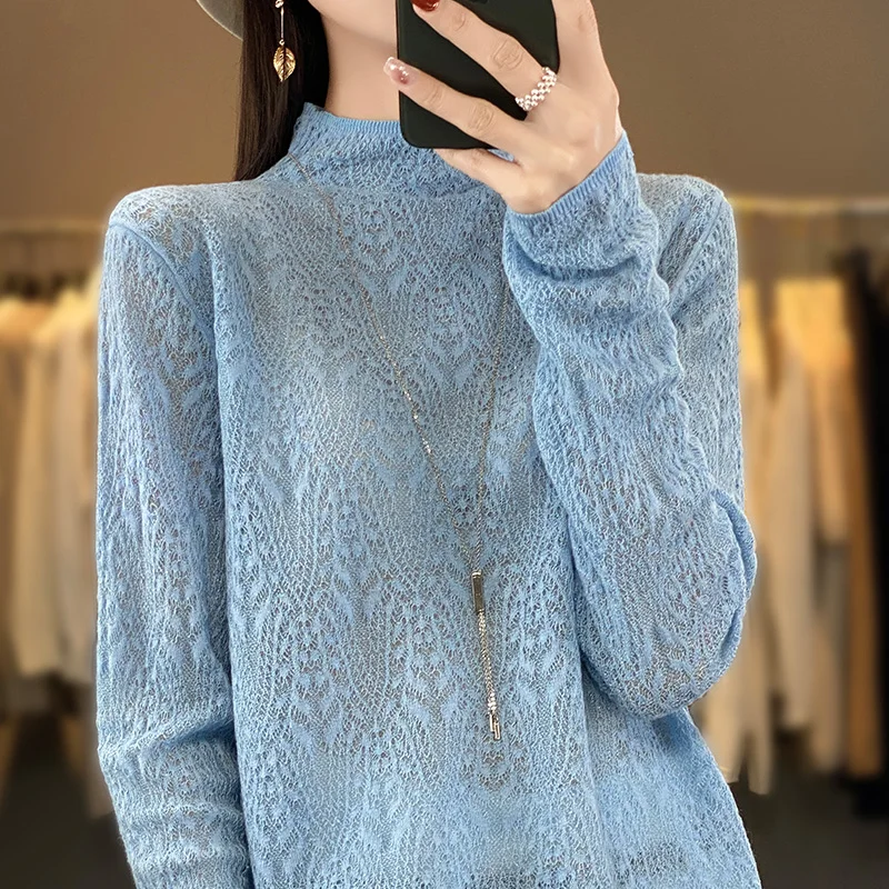 

High-quality women's stand-up collar hollow pullover sweater spring and summer Bohemian style 100% Merino wool sweater top