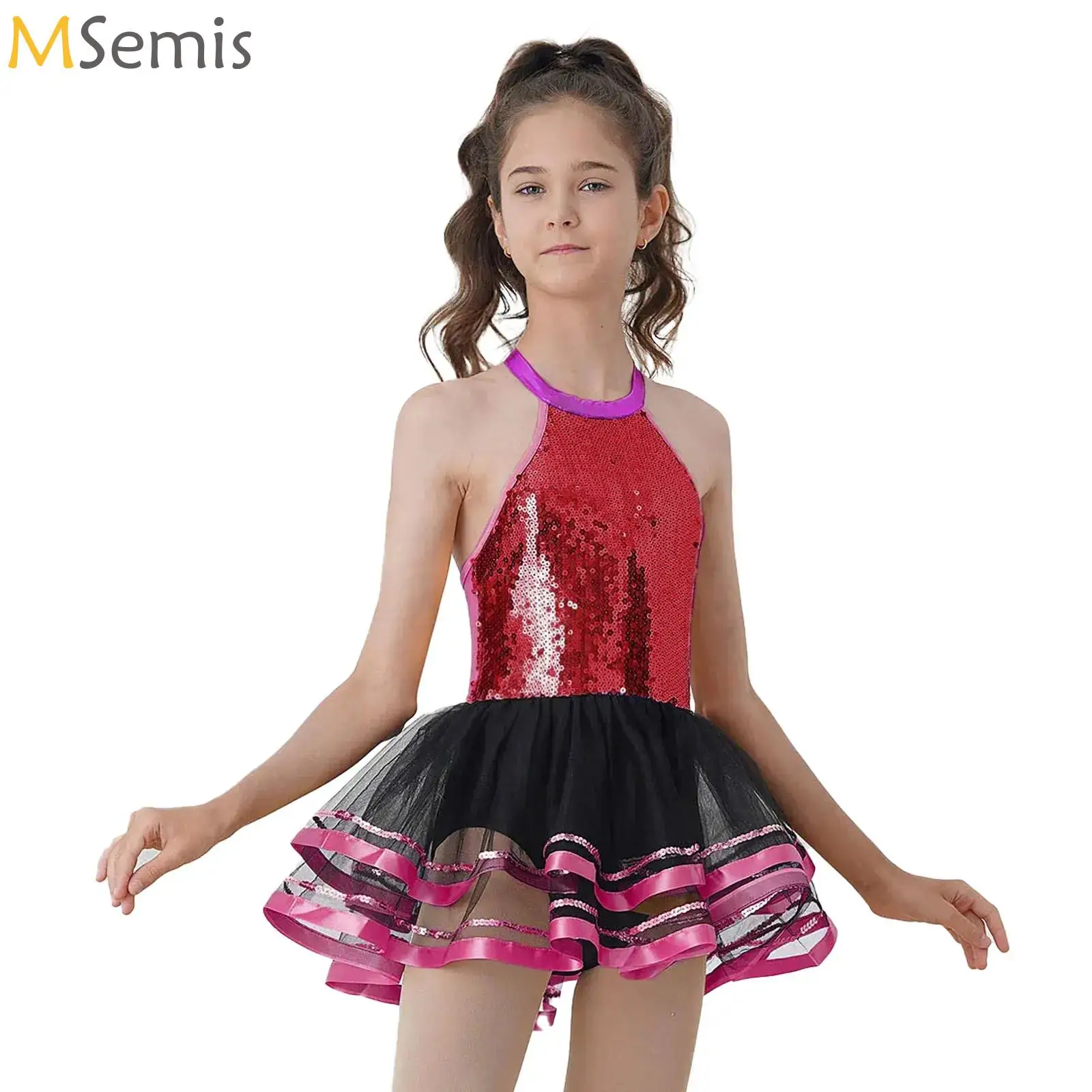 

‌Sparkling Sequin Ballet Jazz Leotard Tutu Dress Kids Girls Dazzling Gymnastics Modern Latin Dance Cheerleading Performance Wear