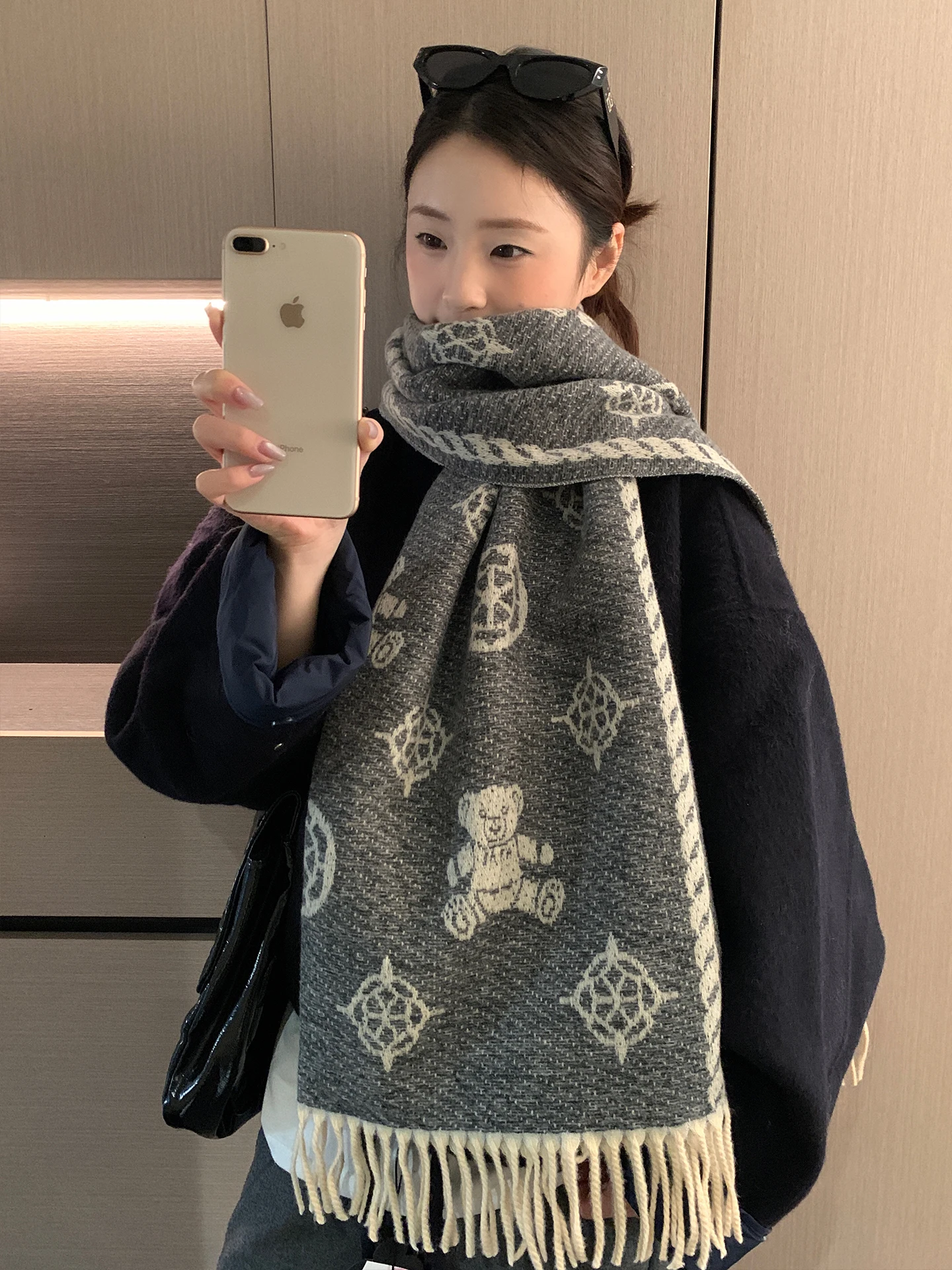 Grey Korean Style Teddy Bear Fringed Scarf For Women Thickened For Winter Neck Warmer For Students