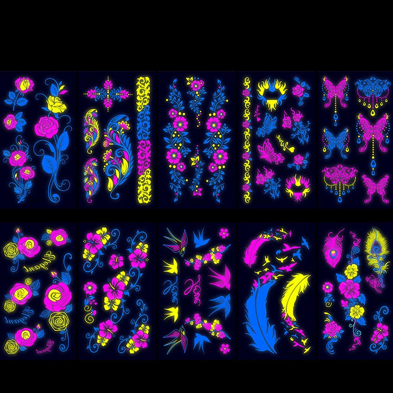 Luminous Temporary Tattoos Stickers Glow Fluorescent Waterproof Tattoo Spider/Flower  Stickers for Arm Body Art Night Bar Party