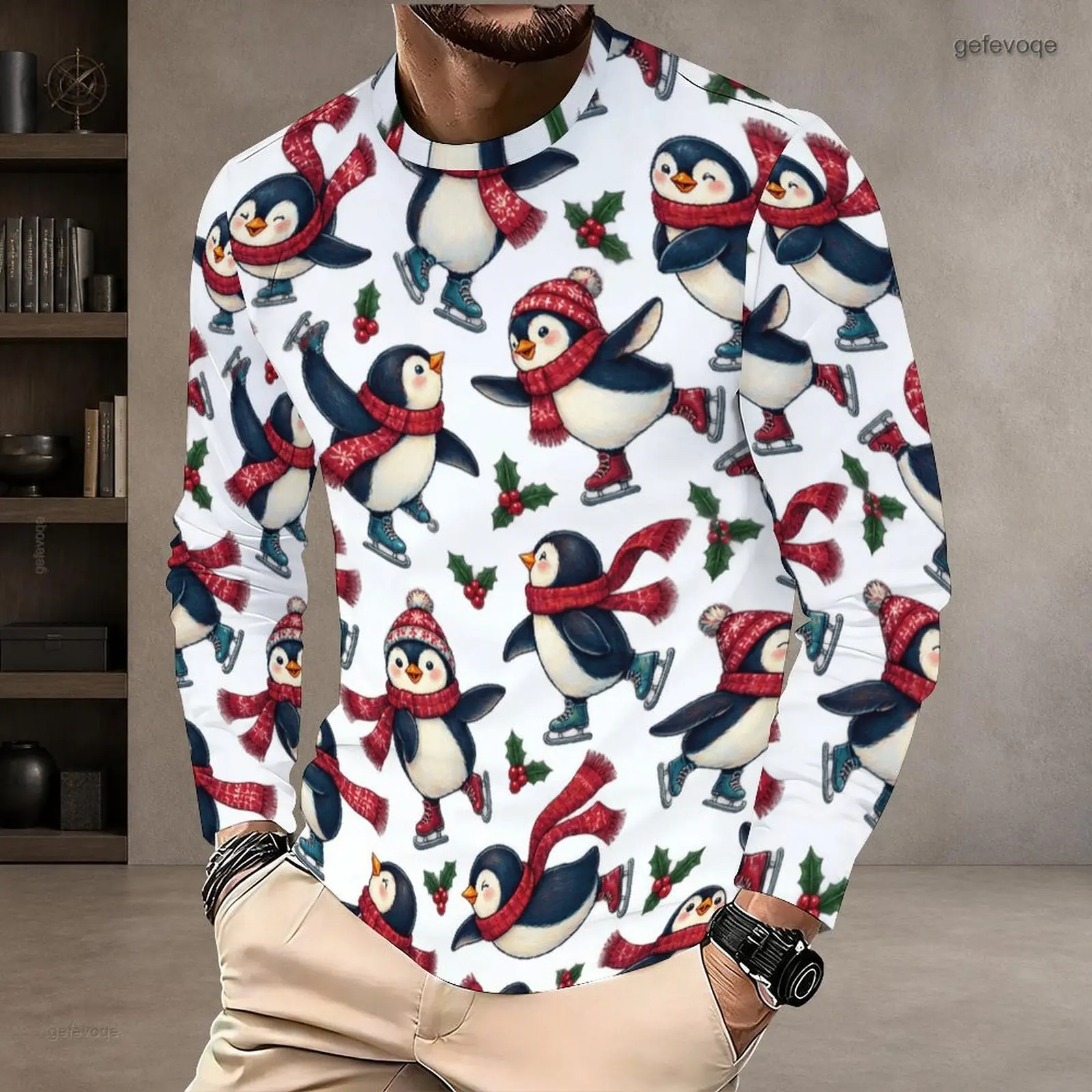 Men All Over Printed Round Neck Long Sleeve T-Shirt, Golden Retriever Christmas Pattern