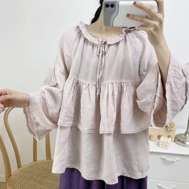 Johnature New Vintage Doll Ruffles Linen Women Shirts 2024 Summer Mori Loose Solid Color Three Quarter Sleeve Lace-up Blouses