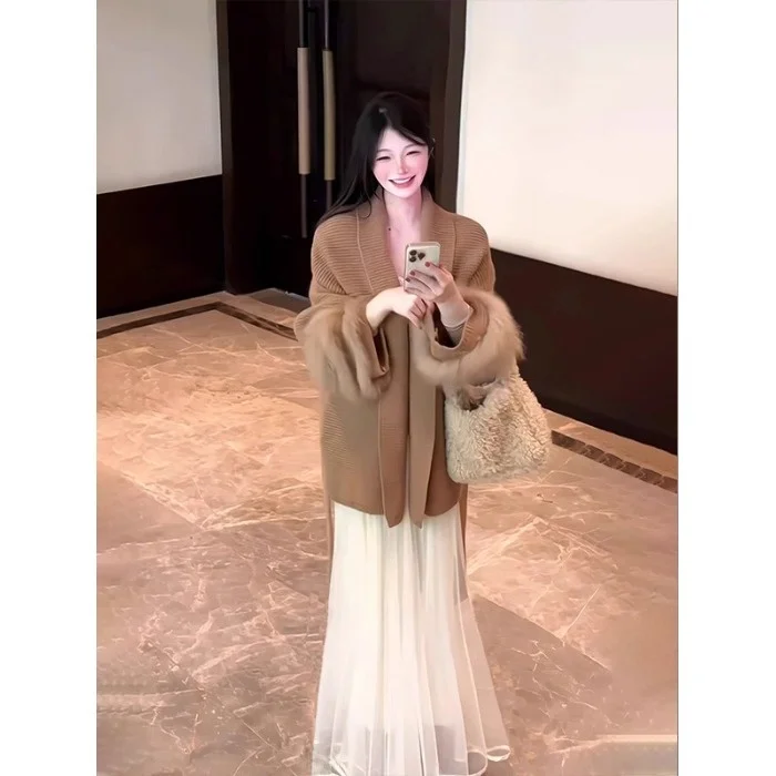 カーキレトロチェック柄ロングスリーブニットセーターコート女性の秋冬怠惰な服装エレリーレディスレニットトップ