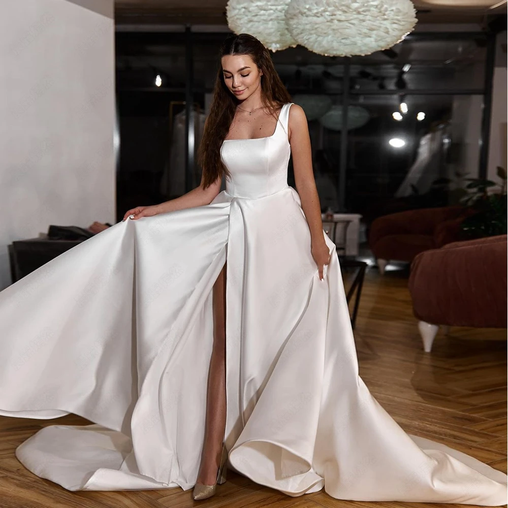 Square Collar White Satin Bridal Gowns for Women Sleeveless Side Slit Wedding Dresses Sleeveless Vestidos De Novia 2023 Summer