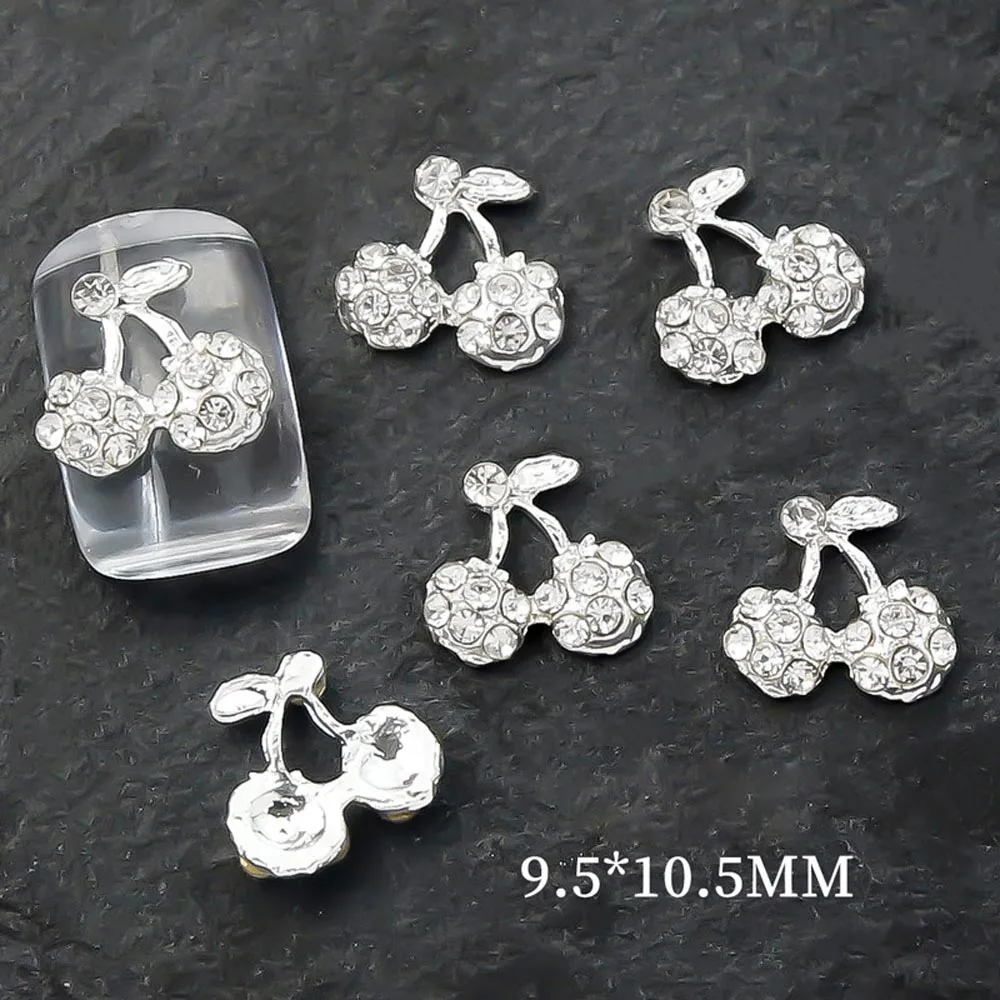 10Pcs/lot 3D Alloy Cherry Nail Charms Luxury Nail Parts Gems Crystal Rhinestones Pink/Red/Silver Stone Nail Art Decorations