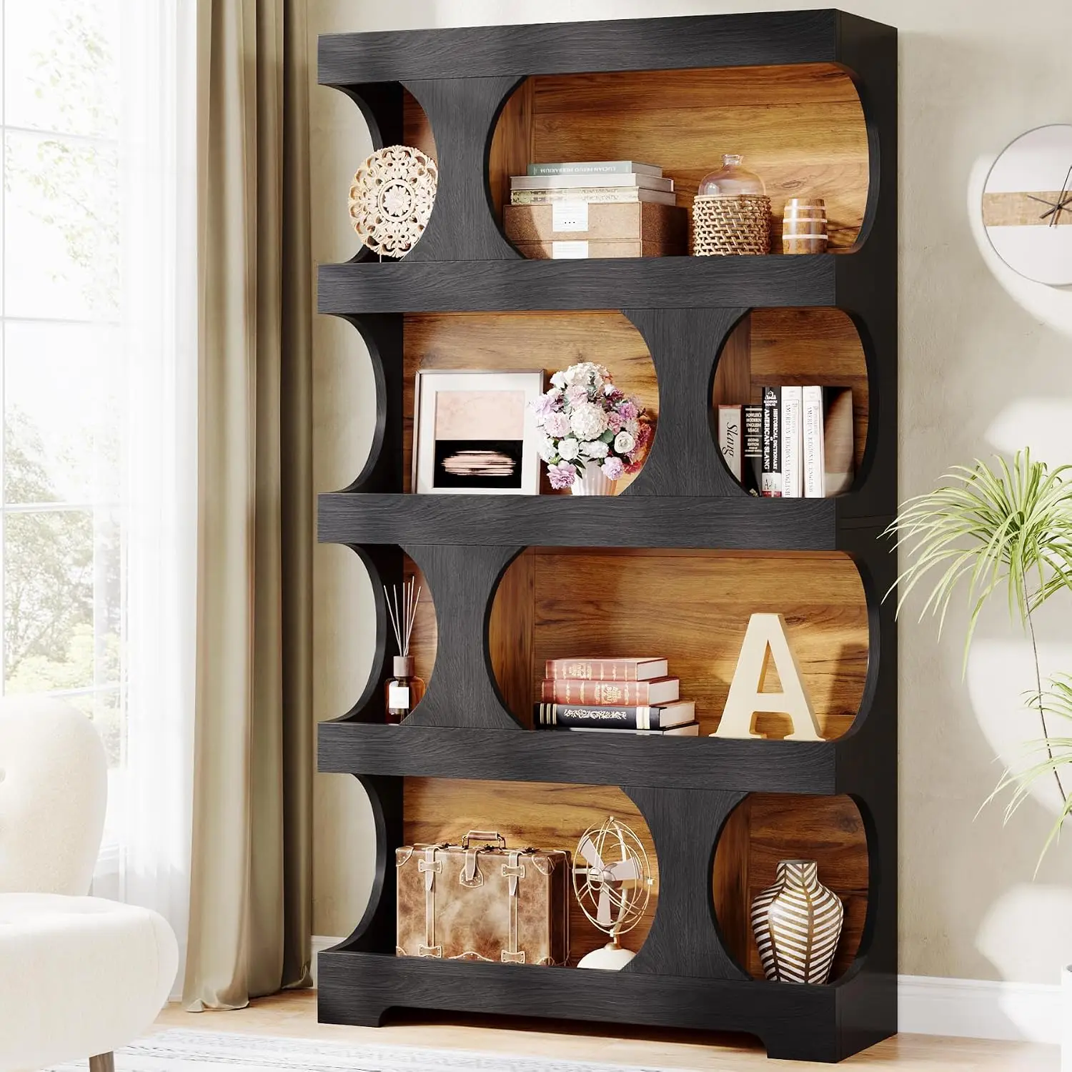 Tall Open Storage Bookshelf 4 Tiers S Shaped Decorative Bookshelf Wood Display Shelves Heavy Duty Standing Organizer Rack For Home Office Living Room Study Room Black And Brown