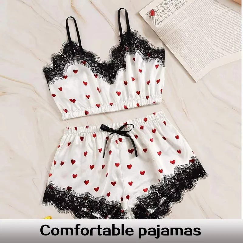 2PCS Pajama Suit Women Fashion V-Neck Stretch Satin Lace Sexy Lingerie Bowknot Pyjamas Sleep Shorts Set Sleepwear Sling Set New