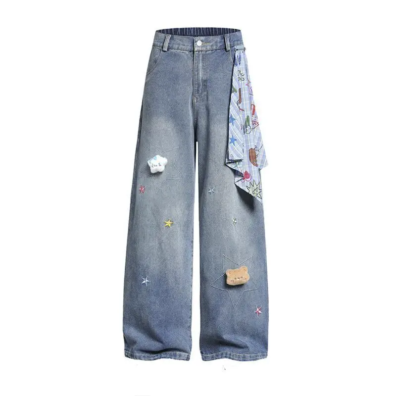 

American star embroidered bear plaid square towel jeans women's summer thin loose straight old wide-leg pants