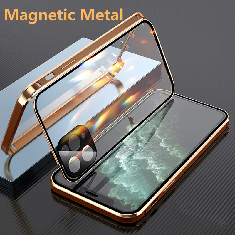 Case for iPhone 15 14 13 12 11 Pro Max 7 8 Shockproof Full Lens Protection Double Sided Buckle Magnetic Clear Lens Mental Cover