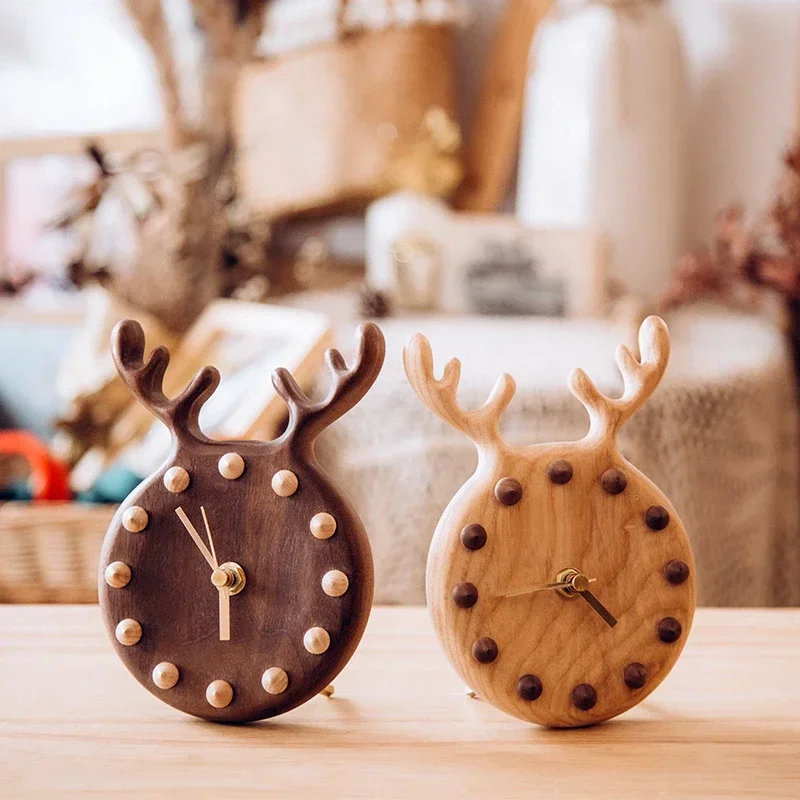 Nordic Real Wood Children's Desk Clock Log Style Modern Wall Timekeeper Simplistic Antler LED Design Kid's Room Decor Element