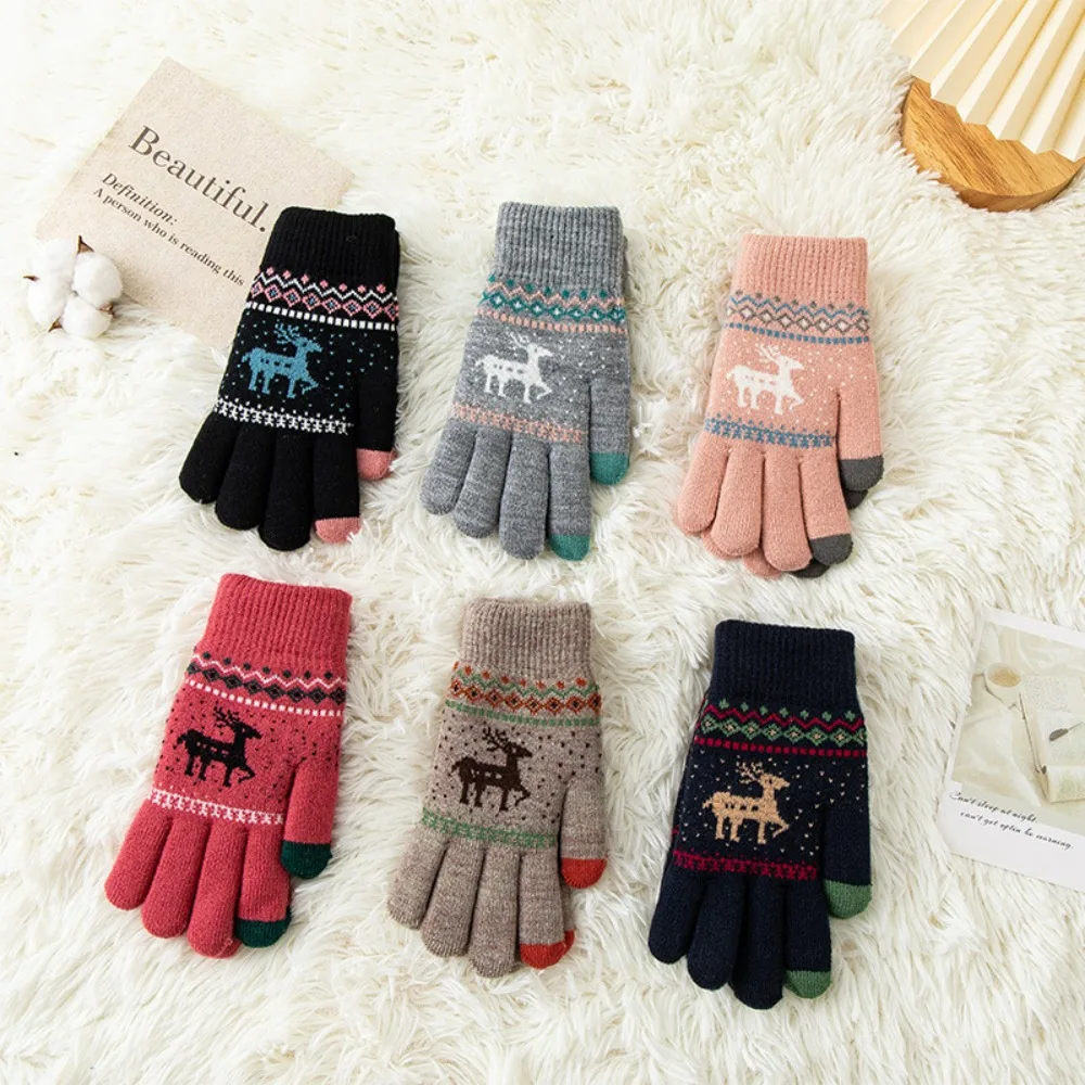Gestrickte Touchscreen-Handschuhe für Damen im Winter – verdickter, mit Fleece gefütterter, warmer, süßer Rentier-Jacquard für Radfahren im Freien