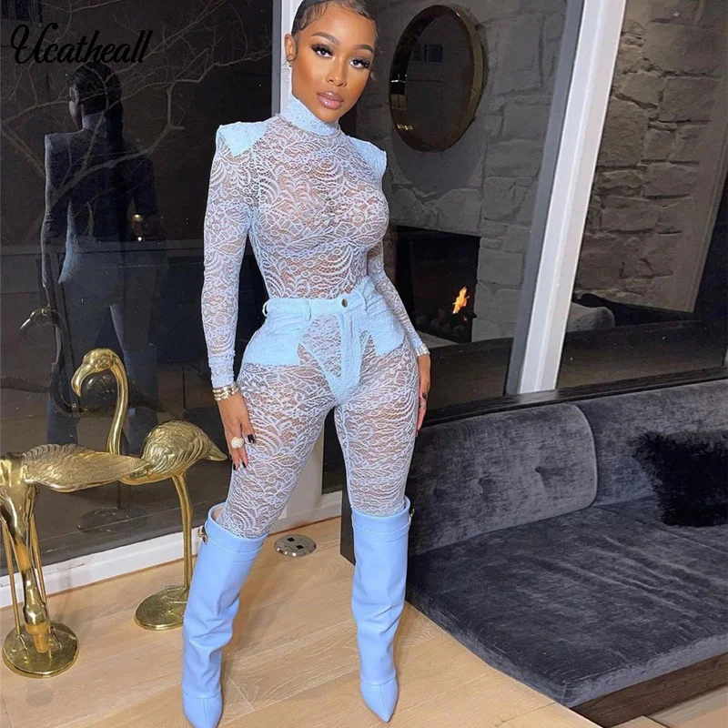 Sexy 2 Piece Set Women Floral Mesh Lace Pant Suit Blouse Top And Pants Set 2020 Summer Outfits Clothing Set