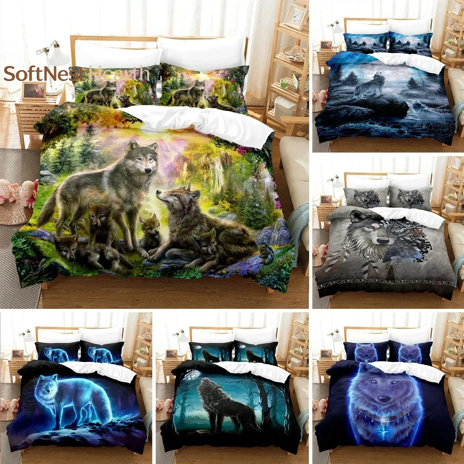 2026 3D Wild Animal Duvet Cover Moon And Wolf Bedding Set Microfiber Galaxy Comforter Cover King Full For Kids Teens Boys Room D