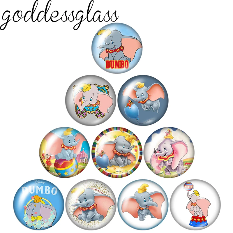 Cute Dumbo Cartoon baby Elephant 10pcs Round 12mm/18mm/20mm photo glass cabochon flat back making findings for keychain Jewelry