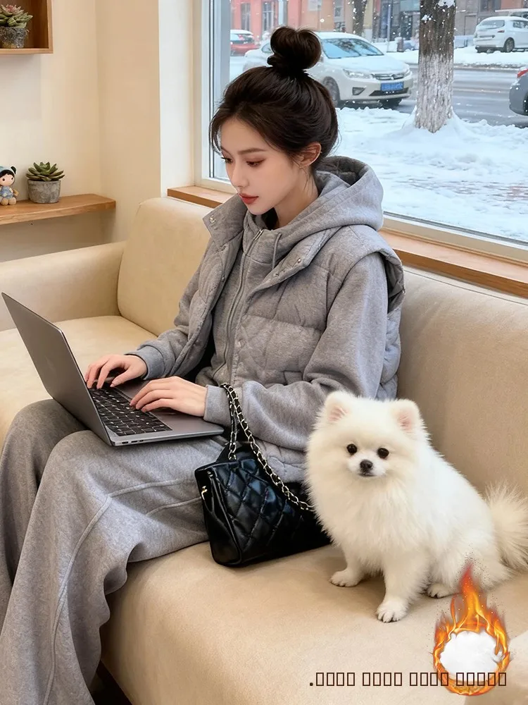 Faionable-Conjunto de ropa deportiva para mujer, pantalones de chándal con capucha, banda elástica de cintura alta, pieza de camiseta, fibra de poliéster cálida para invierno