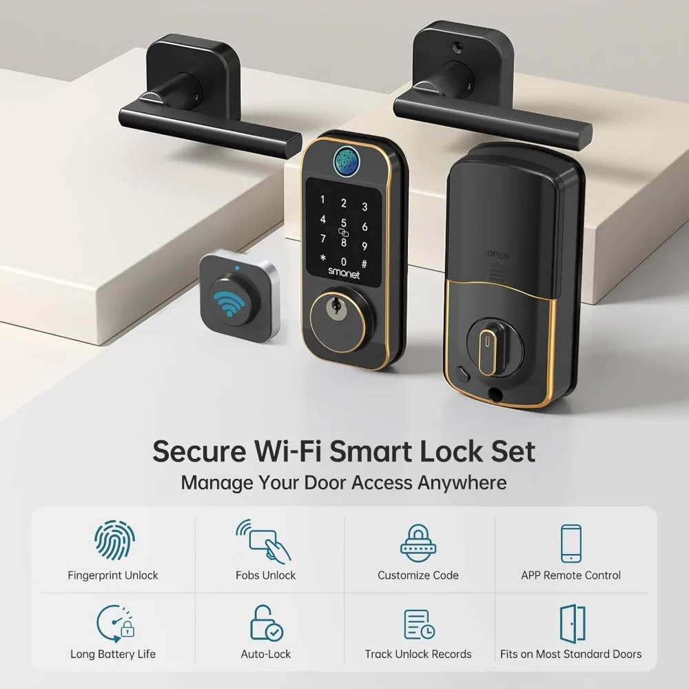 WiFi Keyless Door Lock with Handle Set – Fingerprint Smart Lock, Bluetooth Keypad Deadbolt, Remote Control via App & Alexa, Aut