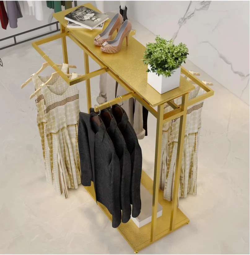 

Clothing display clothes hanging pole women's clothing middle island floor standing double row shelf