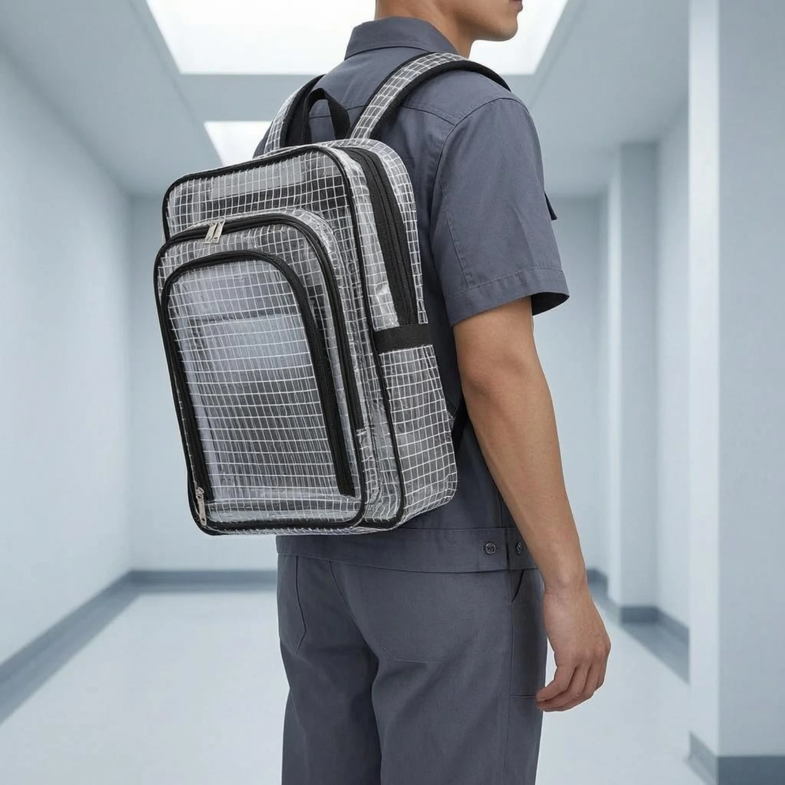 Grid PVC Backpack Front Zip Pocket Transparent Backpack Transparent Bag Top Handle School Gear Large Capacity - view 6