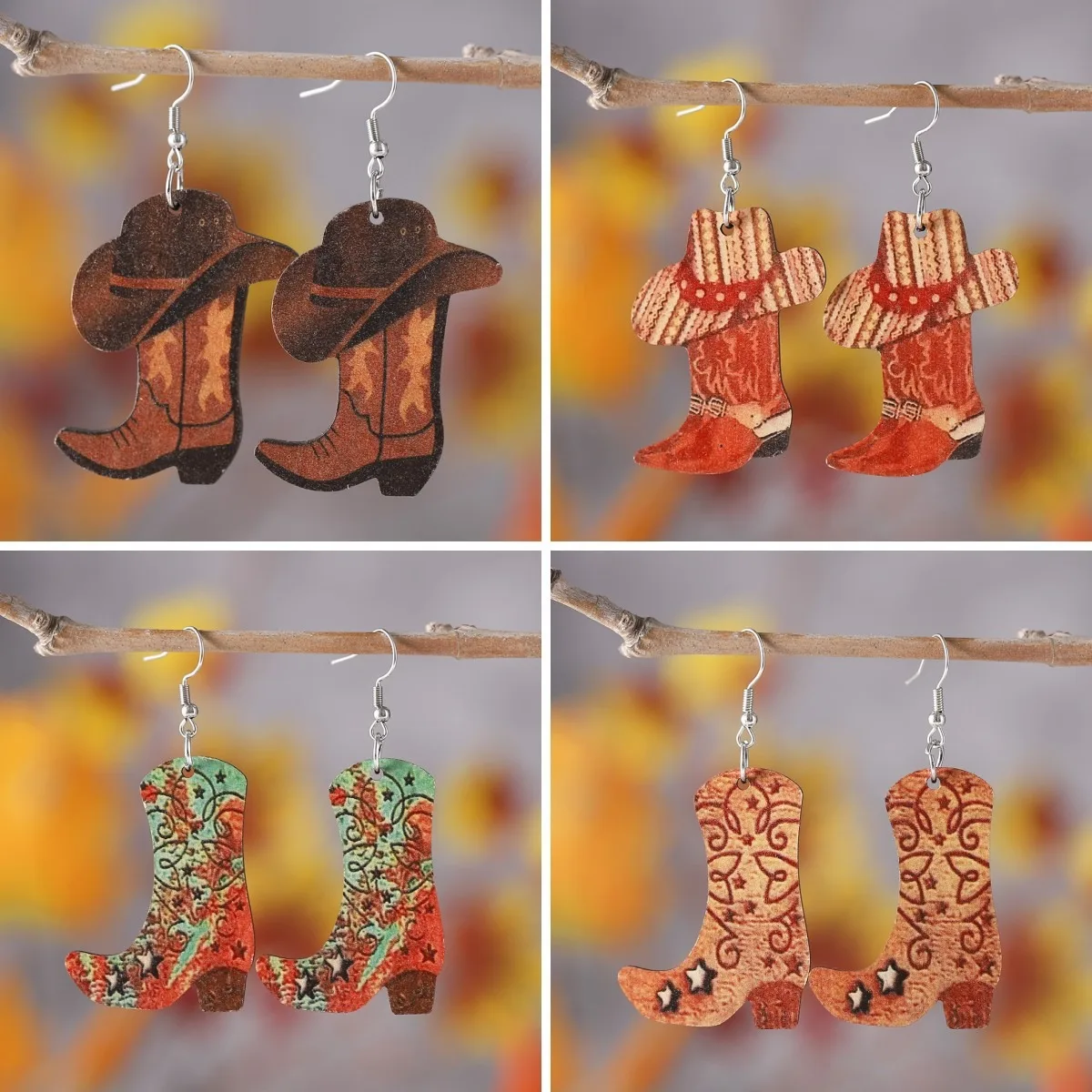 Western Cowboy Boot Hat Pendant Earrings Double Sided Printed Wooden Dangle Earrings for Women Party Jewelry