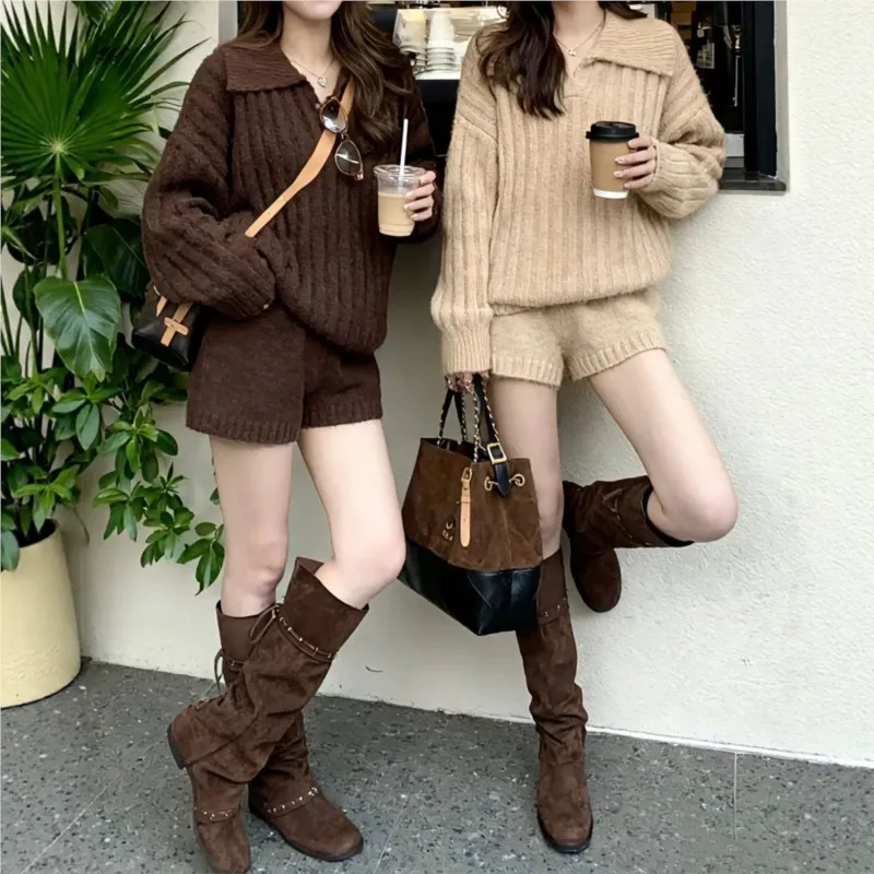 MsChuh New In Matching Sets Two Piece Outfits 2 Pieces Set For Woman All-match Loose Simple  Sweater Comfortable Shorts Knitted