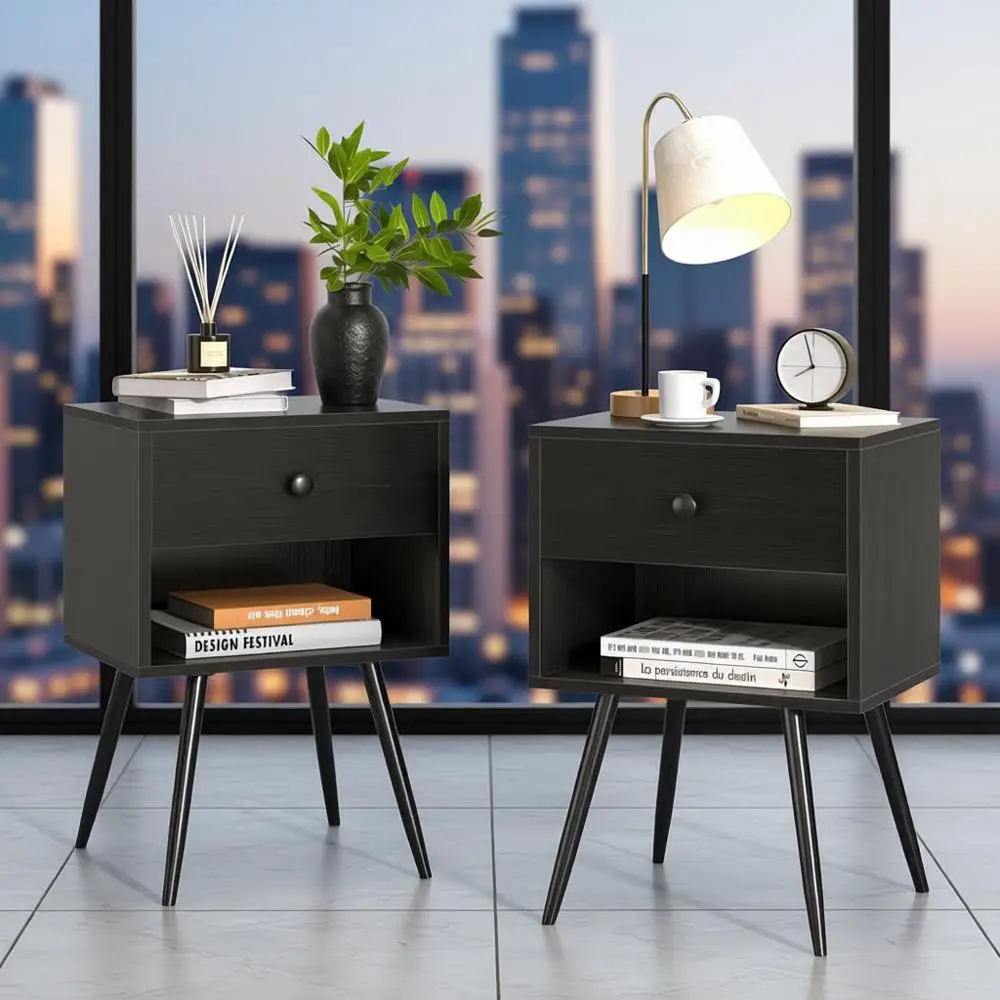 

Nightstands Set of 2, Mid Century Modern End Bedside Table, Night Stand with Storage Drawer and 2 Tiers Open Shelf for Small Pla