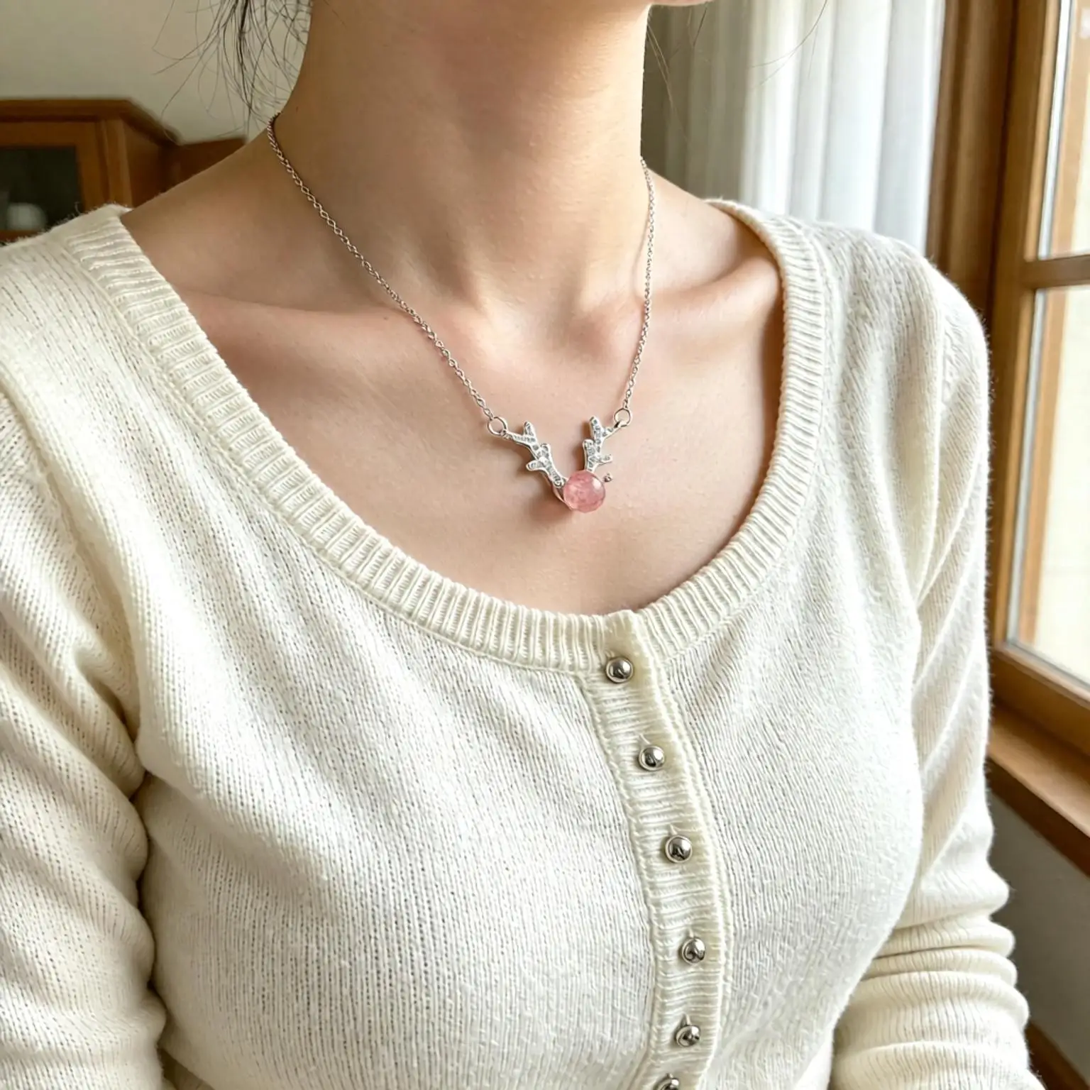 Exquisite 925 Sterling Silver Deer Antler Strawberry Quartz Zircon Pendant Necklaces For Women Girls Wedding Party Jewelry Gifts