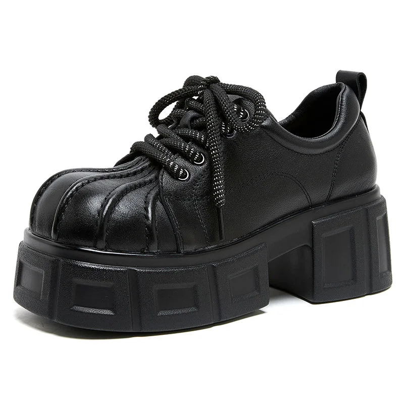 

7CM New Spring Autumn Women Retro Platform Big Toe Genuine Cow Leather Lace-Up British Style Thick High Heel Casual Single Shoes
