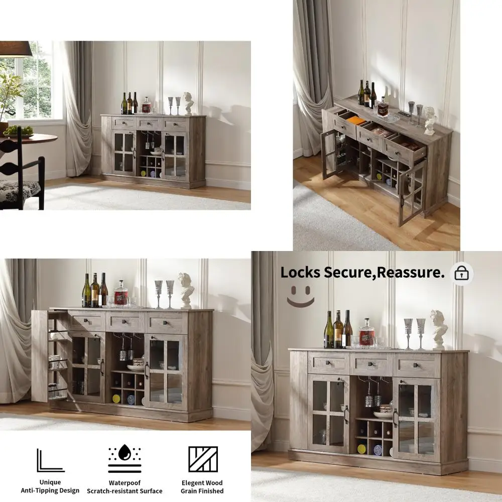 خزانة بار النبيذ والمشروبات مقاس 55.1 بوصة مع أقفال، و7 مصابيح LED، ورف منزلق، ورف مفتوح، و3 أدراج، وخزائن