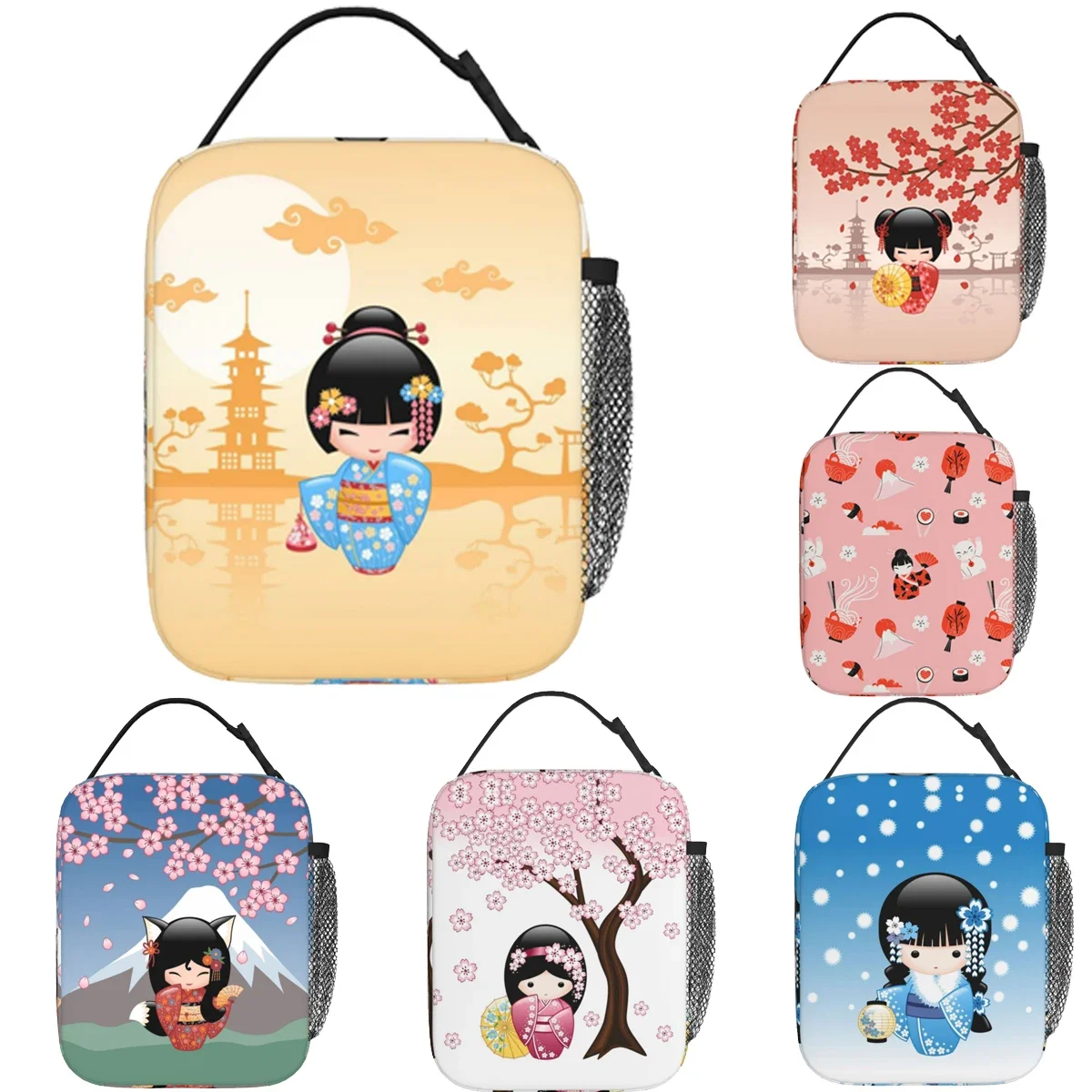 Japanese Sakura Kokeshi Doll Merch Lunch Box Kawaii Girl Kimono Geisha Cartoon Insulated Canvas Cooler Thermal Food Lunch Box