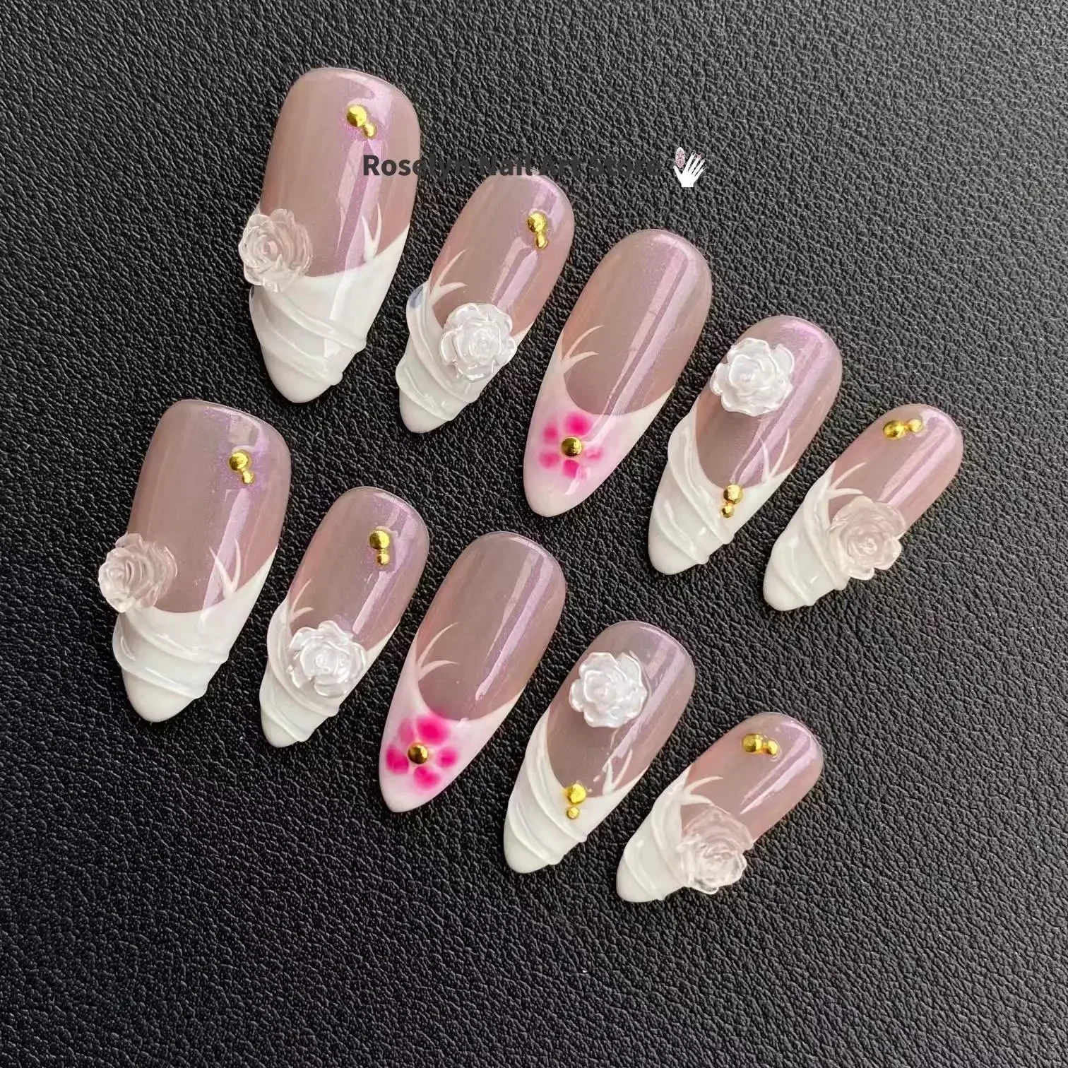 3D Designer's Brand New Handmade 3D Irregular Flower Pearl Fake Nail with Glossy Relief Fake Nail, Comes with A Tool Kit