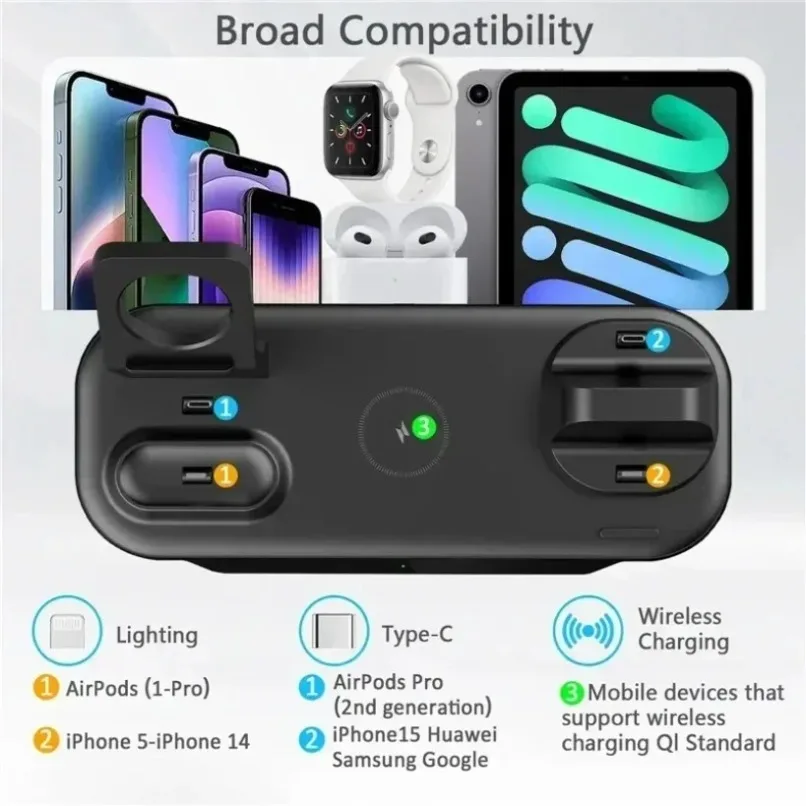 7 في 1 محطة شاحن لاسلكية حامل هاتف حامل آيفون 17 ~ 12 برو ماكس سامسونج S25 S24 Airpods Pro 3 محطة شحن سريعة