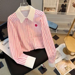 Bomon Korean version pink striped short lapel shirt women 2024 spring and autumn new advanced pocket long sleeve loose shirt