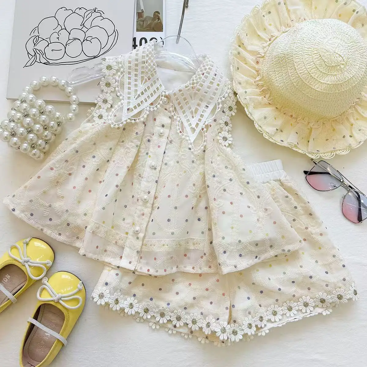New Arrival Toddler Girl Embroidered Lace Collar Vest Suit Frill Edge Casual Shorts Children Fashion Princess Ensemble 90-150CM