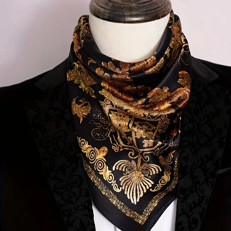 

2025 New Men'S 65.0cm Black and Golden Totem Suit Square Scarf - Gothic, Business, and Gorgeous Style,