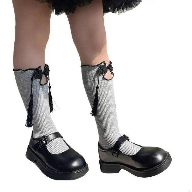  Chinese Knot Trim Socks Spring Stretchy Knee High Socks Girl Traditional Dress Socks AntiMosquito Socks Cotton Leg Socks
