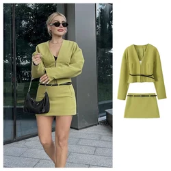 PB&ZA2024 autumn new women's clothing temperament slim fit belt decoration long sleeved V-neck shirt jacket half skirt set