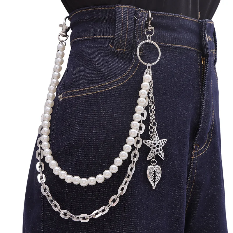 Multi‑Layer Pearl Star Heart Pendant Pants Chain Unisex Waist Chain Sweet Gothic Style Jeans Hanging Fashion Decor Accessory