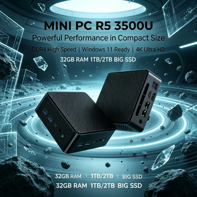 Durable Compact LENO Mini PC Ryzen 5 3500U 32GB DDR4 2TB M.2 SSD Win11 Dual 4K Output HDMI DP Small Home Office Computer